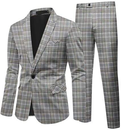 Allthemen Costume Homme 2 Pièces Slim Fit Smoking Business Formal Blazer Pantalon Carreaux Mariage Elégant 64# Gris XL