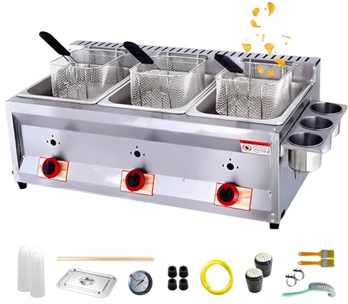 Kommersiell bänkskiva LPG gas djupt fett fritösbehållare dubbla behållare med 10 l x 2/3 korg och lock rostfritt stål stor kapacitet propan LPG med metallrör för franska pommes hem kök restaurang