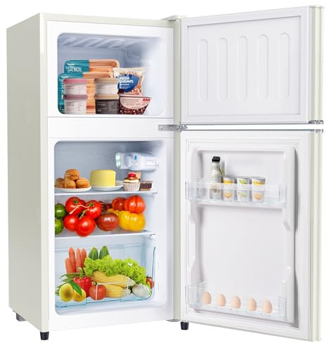 Merax Retro-Kühlschrank mit Gefrierfach, mit 60 Liter Gesamtvolumen, 22 Liter Gefriervolumen, 38 Liter Kühlvolumen, LED-Licht, Zwei Fächer, 102 kWh/Jahr, Erhältlich in Cremeweiß