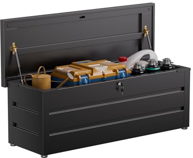FlairVibe Baúl de jardín de metal en negro 450L | Caja de cojines para exteriores con revestimiento resistente al óxido | Caja de almacenamiento/caja de cojines impermeable para cojines de jardín