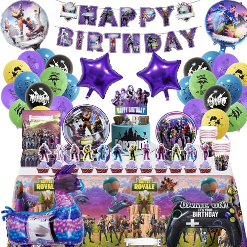 92 Pezzi Decorazione di Compleanno Fort, Piatti di Carta per Feste di Compleanno per Bbambini Piatti Tovaglioli Palloncini, Decorazione per 10 Persone