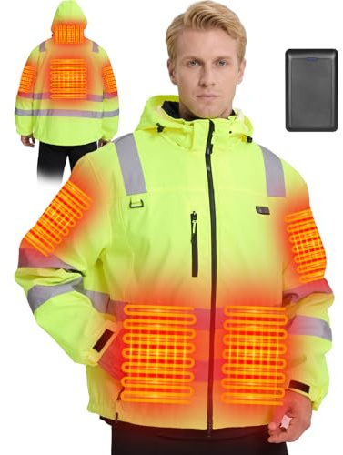 Chaqueta Polar Alta Visibilidad Calentada 4 en 1 para Hombre, Chaqueta de Soldadura Ligera - Batería de 16000 mAh Chaqueta Softshell de Advertencia con 6 Zonas de Calefacción incl Reflectores