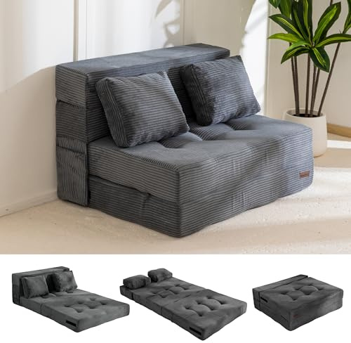 MAXYOYO Bäddsoffa, golvsoffa med 4 delar, bekväm hopfällbar madrass, 15 cm tjock och 2 kuddar, hopfällbar soffa med sovfunktion, gästmadrass