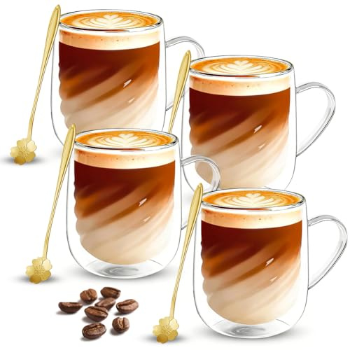 Fouvin Kaffeglas med dubbla väggar 350 ml, latte macchiato-glas teglas med skedar, termoglas dubbelväggiga för cappuccino te, espresso, mjölk öl (4)