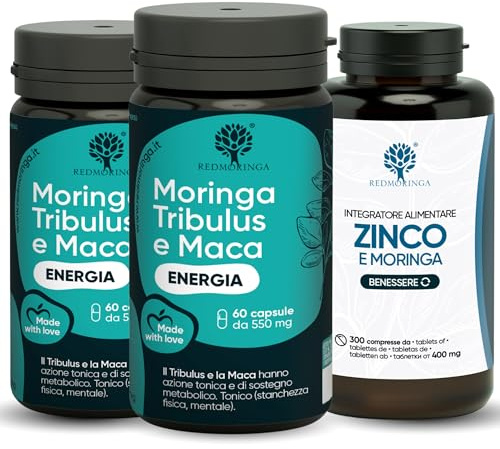 Trattamento BOOST T Uomo – T-Booster Potente con Tribulus Terrestris 90% Saponine + Maca Peruviana + Moringa BIO + Zinco 300 Compresse | Forza, Massa e Vigore | RedMoringa