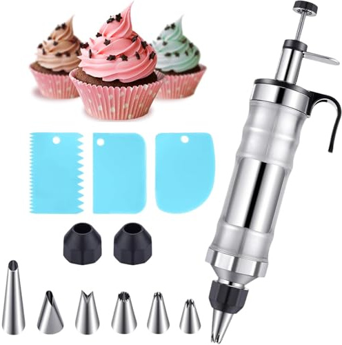 Lansls Jeringa Para Tartas De Acero Inoxidable 400ml, Jeringa Para Crema y Guarnición Con 6 Boquillas Intercambiables, Kit De Repostería Reutilizable Para Decorar Pasteles, Cupcakes, Galletas y Postre