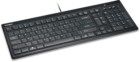 Kensington K72357ES - Teclado Fino y Silencioso con Cable de Tamaño Normal Advance Fit, con Teclas Multimedia para Control del Volumen y Funcionamiento Plug & Play, Fino, Negro