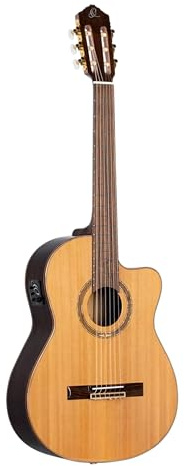 Ortega RCE159SN - Chitarra da concerto 4/4, a spalla mancante, con manico di 48 mm, preamplificatore, custodia imbottita e tracolla comprese, colore naturale