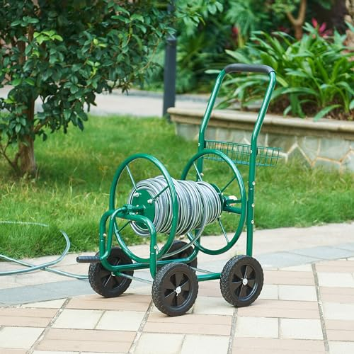 pro.tec Schlauchwagen Pescaza für 3/4 Zoll Schlauch bis zu 70 m Metall Gartenschlauchwagen ohne Schlauch Schlauchtrommel mit Reifen rollbar Schlauchaufroller mit Handkurbel 86 x 44 x 95 cm Grün