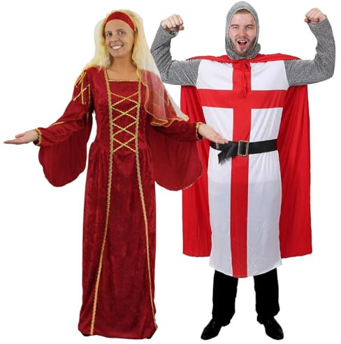 Medieval Queen & Knight Fancy Dress Couples Costumes - Red Renaissance Fair Tudor Era Outfit St George's Flag Cross Royal Sports Supporters Party - Womens: Standard Mens: Medium