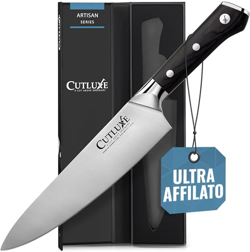 Cutluxe Coltello da Chef - 20cm Coltello da Cucina Professionale Con Guaina - Acciaio al Carbonio, Lama Affilata e Resistente - Artisan Series