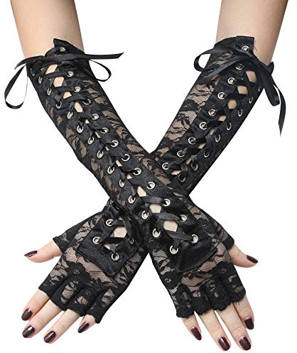 Coucoland Guantes largos para mujer, con cordones, ópera, fiesta, semiguantes, disfraz de mujer, accesorios de disfraz, Encaje Negro, 14,56 cm
