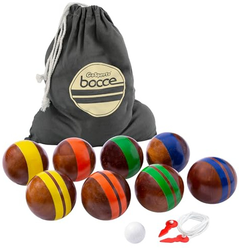 GoSports 100 mm Hardwood Bocce Set with 8 Premium 12 oz Wood Balls, Pallino, Case and Measuring Rope