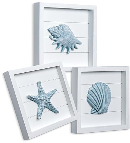 TideAndTales Blue Seashells and Starfish (Framed Set of 3) Coastal 3D Wall Art, Beach Wall Decor for Bathroom or Coastal Bedroom, Ocean Inspired Seaside Decorations for Home or Beach House (7x7)