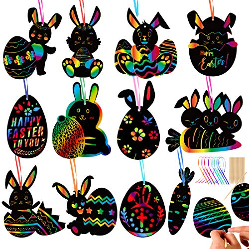 Wishstar Ostern Kratzbild, Kratzpapier Kaninchen Karottenei Bastelset 36 Stück, Kratzbilder Kinder,für Ostern Anhänger Dekoration DIY Handwerk