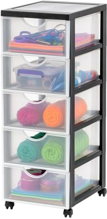 Iris Ohyama Kunststoff-Schubladenbox mit Rollen, 5 tiefen Schubladen, Schwarz, Griffe zum Ziehen, Für Schlafzimmer, Bad, Schule & Büro, BPA-frei, Schubladenschrank, Rollcontainer, A4 Drawer, DDDC-005