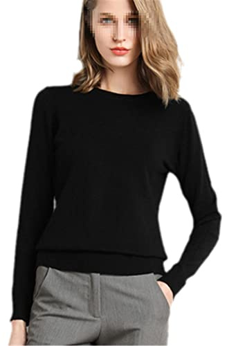 Alloaone - Maglia in cashmere da donna, lavorata a maglia, girocollo basico, Nero , L