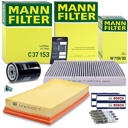 MANN-FILTER Inspektionspaket Filterset 1x Ölfilter, 1x Luftfilter, 1x Innenraumfilter (Aktivkohlefilter), 4x Zündkerze, Kompatibel mit AUDI A3 (8L1), TT, SKODA OCTAVIA 1, VW BORA, GOLF 4, NEW BEETLE