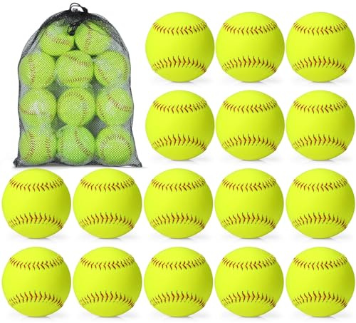 Lewtemi 18 Pack 9/11/12 Yellow Sports Softballs Official Size & Weight Practice Slowpitch Softball with 1 Mesh Bag Unmarked Leather Covered Youth Fastpitch Ball for Game Practice Training(Red,11)