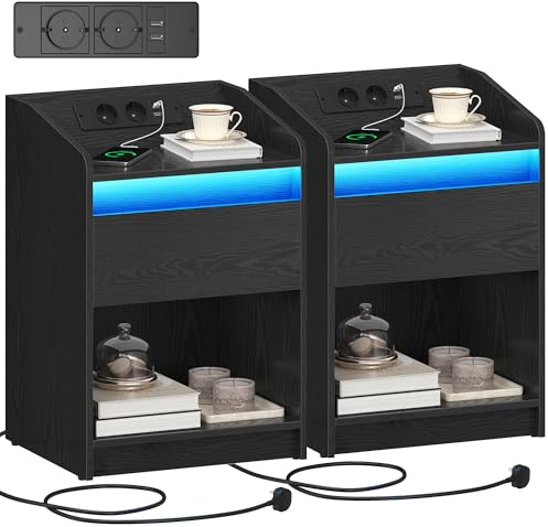 Hzuaneri Table de Nuit Lot de 2, avec lumière LED, Tables d'appoint avec Station de Charge, 1 tiroir de Rangement Table de Chevet pour Chambre à Coucher, Salon, 2 Ports USB, Noir NS09104X