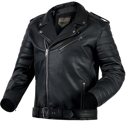 OZONE MOTO Modern Giacca da Moto Uomo | Pelle di Capra | Protezioni per Gomiti e Spalle Livello 1 | Tasca per Paraschiena | Modern Retro Look