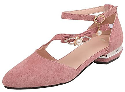 koperras Frühling und Sommer Hohle Vier Jahreszeiten Schuhe Damen Perle Strass Schnalle Low Heel Spitze Schuhe Winter Schuhe Damen Frau (Pink, 42)