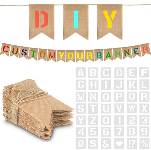 Jutevo DIY Banner Kit with 48 Flags and 42 pcs Number Letter Stencils - Create Customized Personalized Burlap Banner