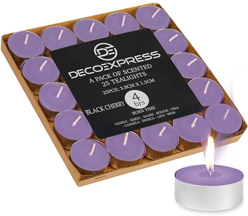 DECO EXPRESS Teelichter Großpackung, 24, 25, 50, 100 oder 200 Teelichter Lange Brenndauer 4, 8 oder 10 Stunden (Black Cherry 25/4 Stunden)