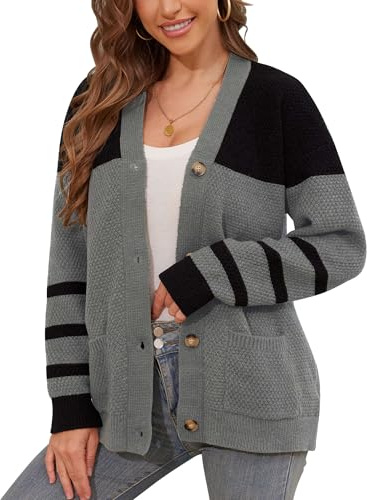 Abtel Womens Long Sleeve Knitted Cardigan Ladies Open Front Button Loose Short Sweater Chunky Winter Outwear Coats Grey M