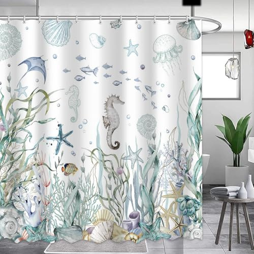 APROPHIC duschdraperi ocean blå sjöhäst korall växter strand duschdraperier 180 x 180 cm vattentät polyester tyg tvättbar badrum gardiner för badrum med 12 krokar