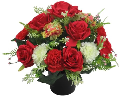 Artificial Grave Flower Arrangement with Red Roses and Carnations - 25cm - Long Lasting Outdoor Arrangement for the Autumn and Winter