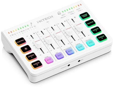 IXTECH Mezclador de audio para juegos de 4 canales, interfaz de audio RGB para PC con soporte de micrófono XLR, ecualizador de audio para juegos, podcast, streaming, karaoke, controles de volumen