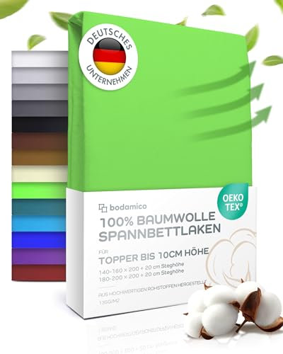 Bodamico Topper Spannbettlaken 180x200 cm -100% Baumwolle Jersey für Boxspringbett Topper bis 10cm Höhe-Topper Bezug 180x200-135g/m2 Oeko-Tex geprüft - Topper Schoner in Apfelgrün