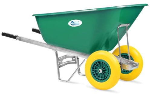 Equimed Garden Wheelbarrow - Extra Large Trolley with 200L Plastic Bucket, Puncture-Proof PU Wheels, Galvanised Frame (Green/Yellow)