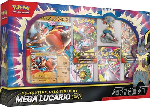 Pokémon : Collection avec Figurine Méga-Lucario-ex (1 Carte Promo Brillante texturée, 1 Carte Promo Grand Format, 5 boosters et 1 Figurine de Méga-Lucario) du JCC Pokémon