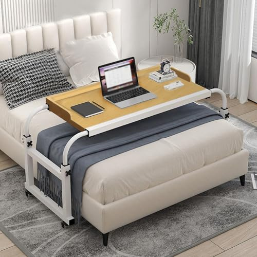 Table de lit réglable – Bureau pliable pour ordinateur portable sur roulettes, table de lit haute réglable pour lit divan compatible avec lit king size
