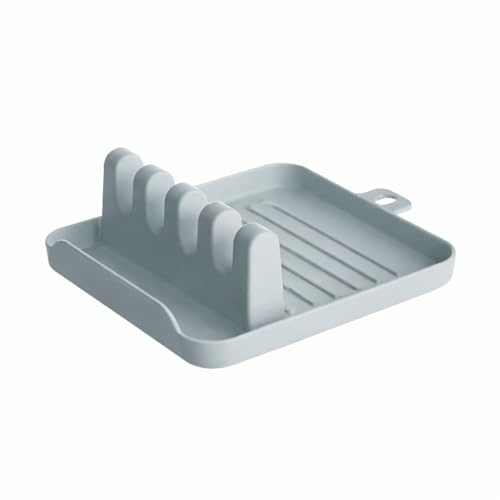 Premium Kitchen Cooking Spoon Rest with Drip Tray – Heat-Resistant BPA-Free Hard Plastic Utensil Holder for Multiple Spoons & Kitchen Gadget, Pot Cover Holder (Gray)