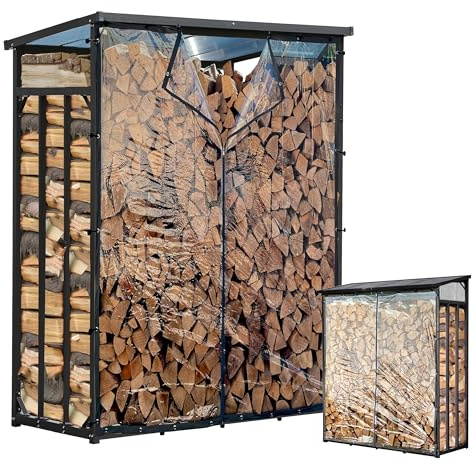 Metall vedhylla utomhus 130 x 70 x 185 cm med väderskydd transparent, Pro – 40 mm stålprofil, antracit, väderbeständig, kapacitet 1,6 m³ (2,5 SRM), L trädgård vedskydd stapelstöd