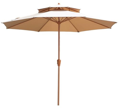 YAVYAV Sombrilla Jardín 270cm Doble Techo Ventilado, Parasol Exterior Antiviento UV 50+ Impermeable con Manivela y 8 Varillas para Terraza Patio Alberca Piscina Playa Mercado(Khaki)