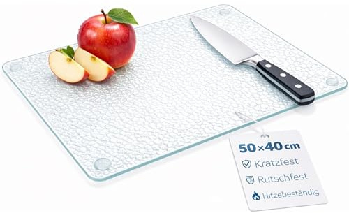 getgastro Uppsättning av 1 skärbräda i glas – 50 x 40 cm – halkfri med fötter, glasskärbräda utan mikroplaster, hygienisk köksbräda, reptålig och värmebeständig yta