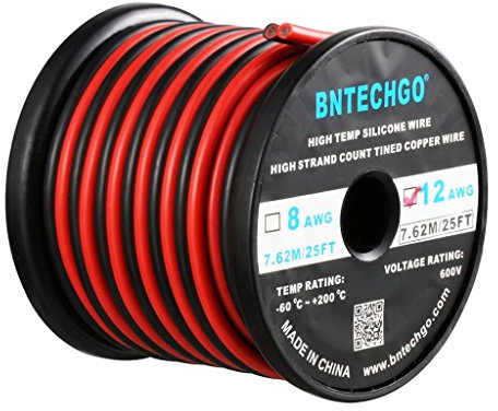 BNTECHGO 12 Gauge Flexible 2 Conductor Parallel Silicone Wire Spool Red Black High Resistant 200 deg C 600V for Single Color LED Strip Extension Cable Cord,Model,25ft Stranded Tinned Copper Wire