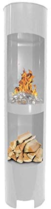 Ethanolkamin Gelkamin Höhe: 180cm / Breite: 37cm / Tiefe: 35cm / Säule Kamin Weiss mit Holzfach Inklusive: 3 x Brennstoff-Behälter