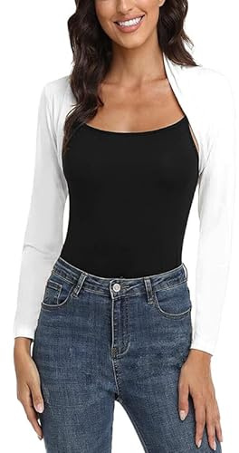 BODYWEAR LTD - Womens Plain Bolero Ruched Long Sleeve Open Front Cropped Cardigan Jacket Style Fashionable Stylish Sophisticated Comfortable & Versatile (White, S/M)