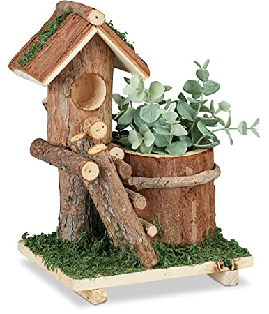 Relaxdays Holz Blumentopf, mit Deko Vogelhaus & Moos, Baumstamm Übertopf, rustikale Dekoration, innen & außen, braun
