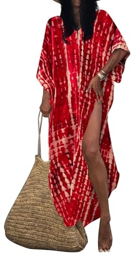 Bsubseach Mujeres Playa Kaftan Vestidos Estampado de rayas Tallas grandes Traje de baño Cubrir Ups Caftan Loungewear Vestido Rojo
