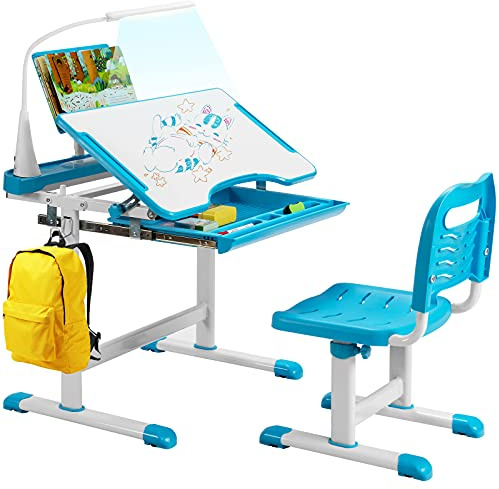GYMAX Kids Desk and Chair Set, Height Adjustable Children Art Table with Chair, Tilt Desktop, LED Light, Storage Drawer & Book Stand, Study Furniture Set for Girls Boys (Blue)
