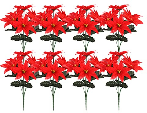 RTWAY Lot de 8 poinsettia artificiels en soie avec 6 têtes de poinsettia artificielles pour décoration de Noël, maison, bureau