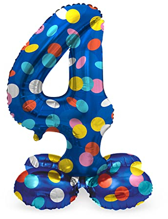 Folat 64784 Luftballon Geburtstag Stehender Ziffer Zahl 4 Colorful Dots Blau mit farbigen Punkten 41 cm - Decoration Geburtstagdeko, Ballon Zahl, Kein Helium erforderlich