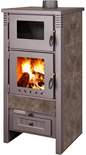 ProTermo Taurus Mokka Kaminofen mit Backfach und Thermometer – 12kW Heizleistung - Holzofen mit Schamottstein 52 x 50 x 107cm 2 Sichtfenster Werkstattofen - Bauart 1