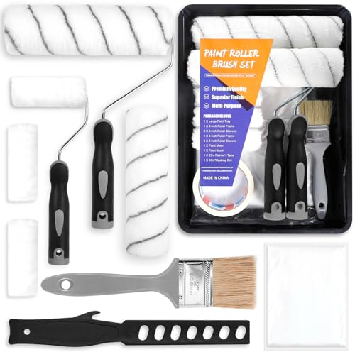 ENCOUN 12Pcs Rodillos Pintura Set, Rodillo de Pintura Antigoteo, Rodillos para Paredes y Techos, Rodillo Pintura Paredcon Bandeja, Cinta carrocero, Pintar Paredes para Decoración del Hogar